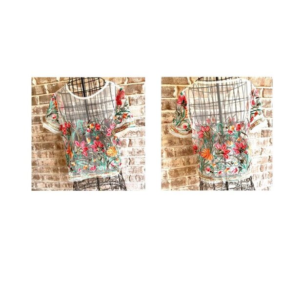 Floral Embroidered Sheer Mesh Crop Top Medium? Festive Cruise Vacation Festival - Picture 3 of 9